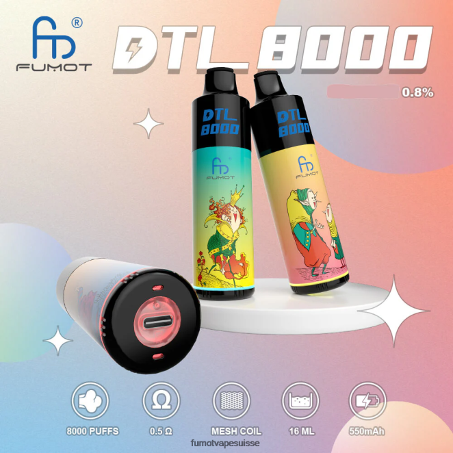 Fumot DTL Stylo vape jetable 8000 - 16 ml (1 pièce) 24LD414 menthe cassis - Fumot Vape Nicotine